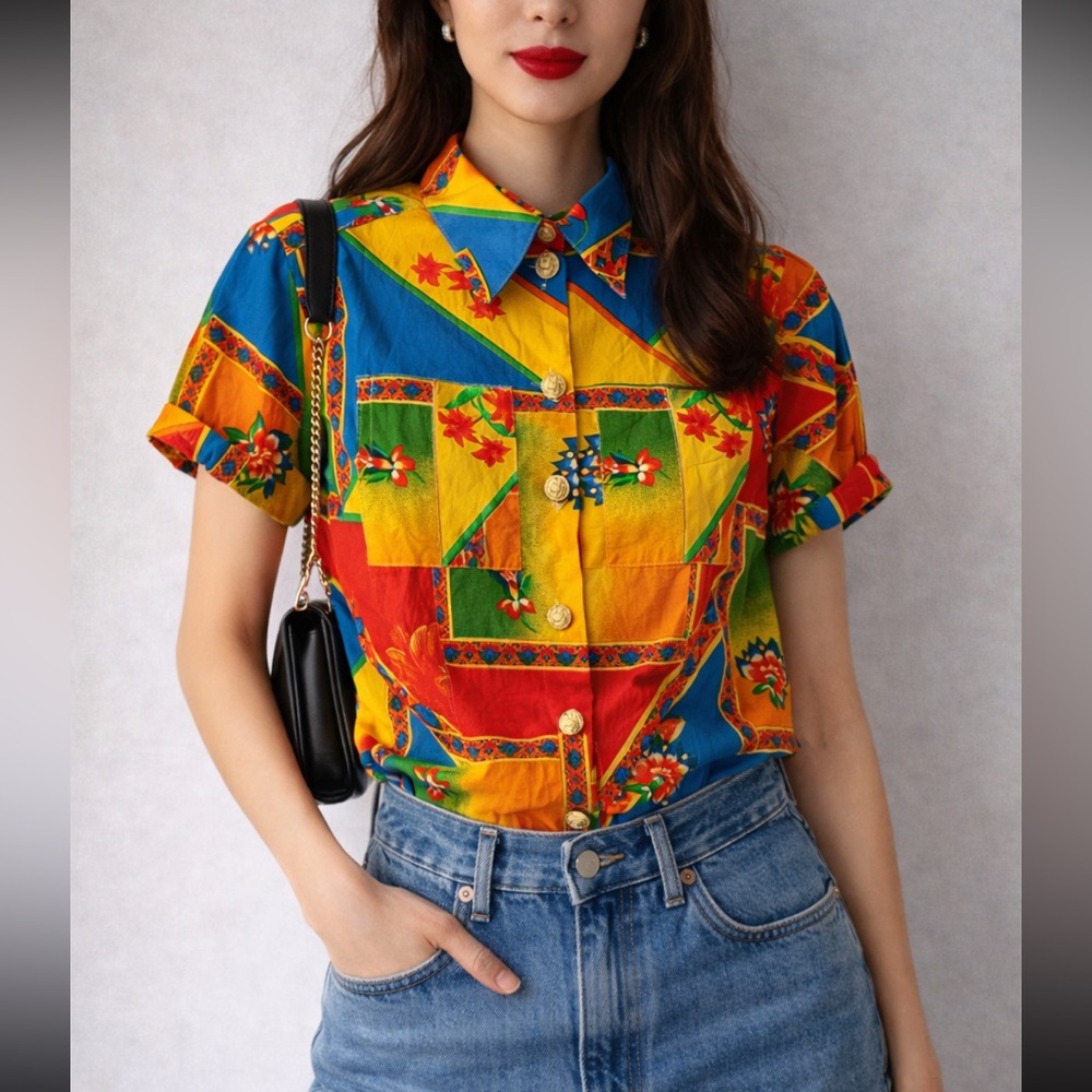 Vintage 80s Colorful Floral Cotton Button Shirt Statement Collar Gold Buttons